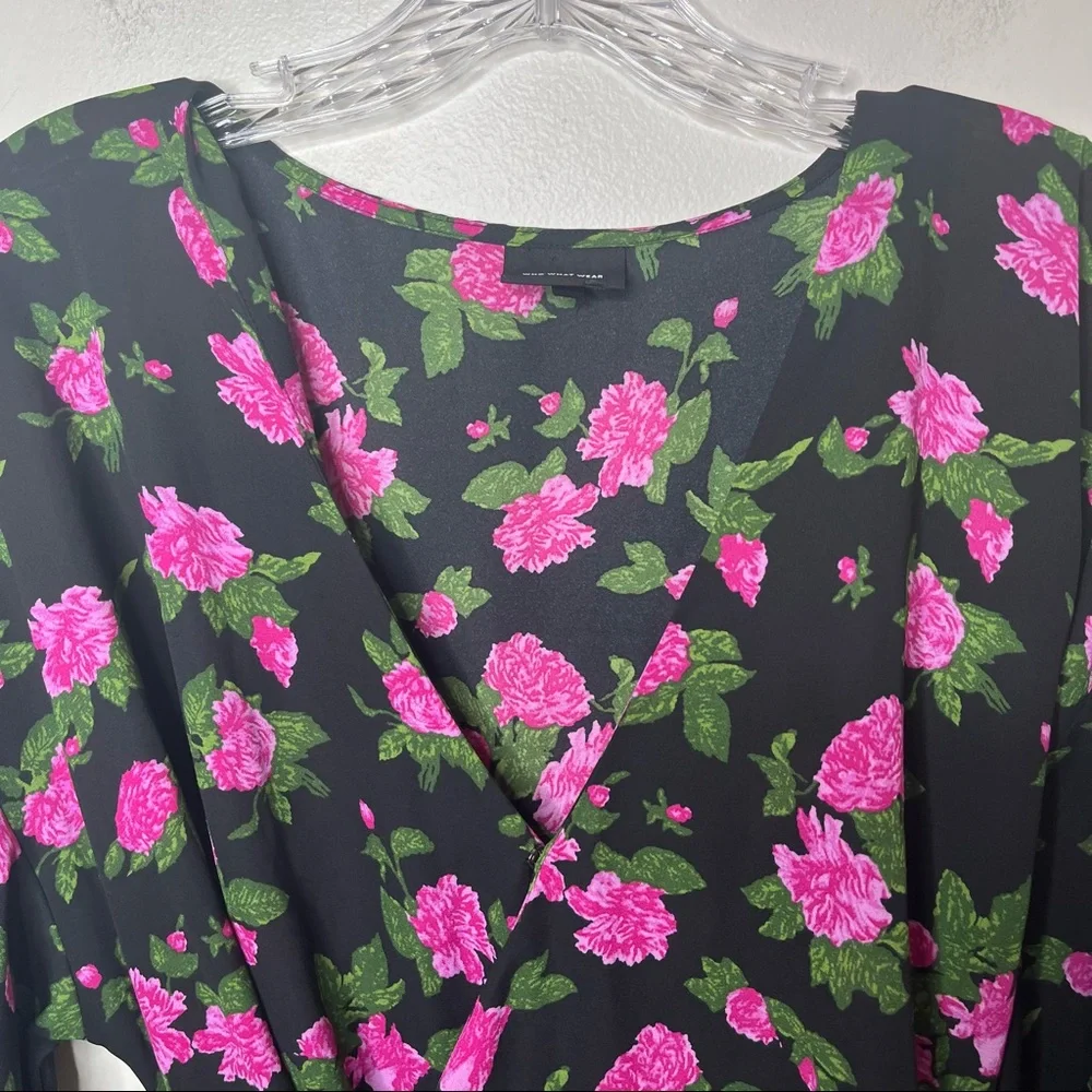 WHO WHAT WEAR Floral Black and Pink Rose Wrap Blouse
